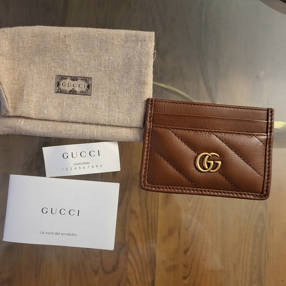 Authentic Gucci Marmont Brown Metallase Chevron Cardholder - Picture 1 of 6